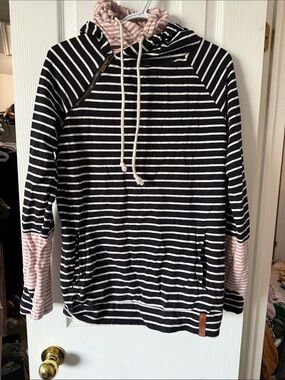 AMPERSAND AVE Black & White Striped Hoodie with Pink Accents